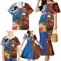 Fiji and Australia Together Family Matching Mermaid Dress and Hawaiian Shirt Fijian Tapa Plants with Kangaroo and Aboriginal - Polynesian Pride