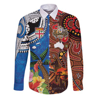 Fiji and Australia Together Family Matching Off The Shoulder Long Sleeve Dress and Hawaiian Shirt Fijian Tapa Plants with Kangaroo and Aboriginal - Polynesian Pride