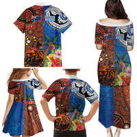 Fiji and Australia Together Family Matching Puletasi and Hawaiian Shirt Fijian Tapa Plants with Kangaroo and Aboriginal - Polynesian Pride