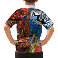 Fiji and Australia Together Family Matching Short Sleeve Bodycon Dress and Hawaiian Shirt Fijian Tapa Plants with Kangaroo and Aboriginal - Polynesian Pride
