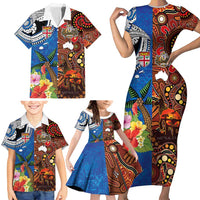 Fiji and Australia Together Family Matching Short Sleeve Bodycon Dress and Hawaiian Shirt Fijian Tapa Plants with Kangaroo and Aboriginal - Polynesian Pride