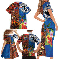 Fiji and Australia Together Family Matching Short Sleeve Bodycon Dress and Hawaiian Shirt Fijian Tapa Plants with Kangaroo and Aboriginal - Polynesian Pride