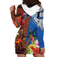 Fiji and Australia Together Hoodie Dress Fijian Tapa Plants with Kangaroo and Aboriginal - Polynesian Pride