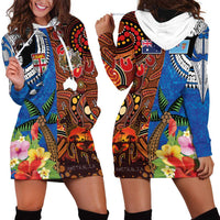 Fiji and Australia Together Hoodie Dress Fijian Tapa Plants with Kangaroo and Aboriginal - Polynesian Pride