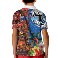 Fiji and Australia Together Kid Polo Shirt Fijian Tapa Plants with Kangaroo and Aboriginal - Polynesian Pride