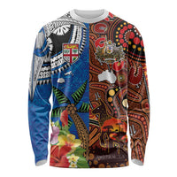 Fiji and Australia Together Long Sleeve Shirt Fijian Tapa Plants with Kangaroo and Aboriginal - Polynesian Pride