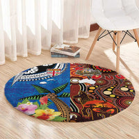 Fiji and Australia Together Round Carpet Fijian Tapa Plants with Kangaroo and Aboriginal - Polynesian Pride