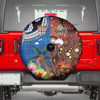 Fiji and Australia Together Spare Tire Cover Fijian Tapa Plants with Kangaroo and Aboriginal - Polynesian Pride