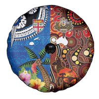 Fiji and Australia Together Spare Tire Cover Fijian Tapa Plants with Kangaroo and Aboriginal - Polynesian Pride