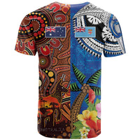 Fiji and Australia Together T Shirt Fijian Tapa Plants with Kangaroo and Aboriginal - Polynesian Pride