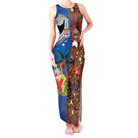 Fiji and Australia Together Tank Maxi Dress Fijian Tapa Plants with Kangaroo and Aboriginal - Polynesian Pride