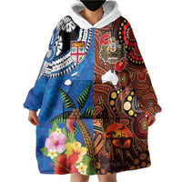 Fiji and Australia Together Wearable Blanket Hoodie Fijian Tapa Plants with Kangaroo and Aboriginal - Polynesian Pride