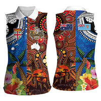 Fiji and Australia Together Women Sleeveless Polo Shirt Fijian Tapa Plants with Kangaroo and Aboriginal - Polynesian Pride