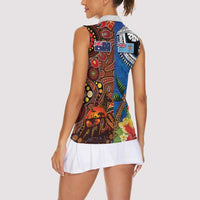 Fiji and Australia Together Women Sleeveless Polo Shirt Fijian Tapa Plants with Kangaroo and Aboriginal - Polynesian Pride