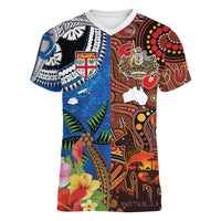 Fiji and Australia Together Women V-Neck T-Shirt Fijian Tapa Plants with Kangaroo and Aboriginal - Polynesian Pride