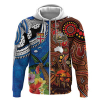 Fiji and Australia Together Zip Hoodie Fijian Tapa Plants with Kangaroo and Aboriginal - Polynesian Pride