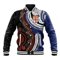 Fiji and Australia Together Baseball Jacket Kangaroo Aboriginal with Tribal Tapa Hibiscus Half Style - Polynesian Pride