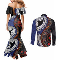 Fiji and Australia Together Couples Matching Mermaid Dress and Long Sleeve Button Shirt Kangaroo Aboriginal with Tribal Tapa Hibiscus Half Style - Polynesian Pride