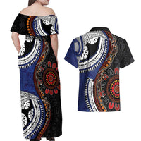 Fiji and Australia Together Couples Matching Off Shoulder Maxi Dress and Hawaiian Shirt Kangaroo Aboriginal with Tribal Tapa Hibiscus Half Style - Polynesian Pride