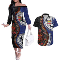 Fiji and Australia Together Couples Matching Off The Shoulder Long Sleeve Dress and Hawaiian Shirt Kangaroo Aboriginal with Tribal Tapa Hibiscus Half Style - Polynesian Pride
