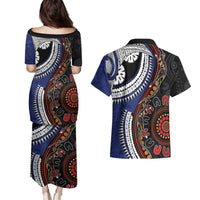 Fiji and Australia Together Couples Matching Puletasi and Hawaiian Shirt Kangaroo Aboriginal with Tribal Tapa Hibiscus Half Style - Polynesian Pride