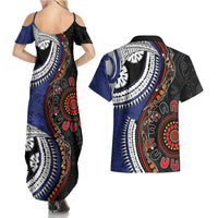 Fiji and Australia Together Couples Matching Summer Maxi Dress and Hawaiian Shirt Kangaroo Aboriginal with Tribal Tapa Hibiscus Half Style - Polynesian Pride