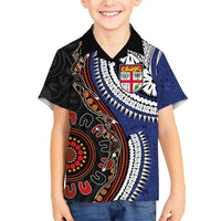 Fiji and Australia Together Family Matching Short Sleeve Bodycon Dress and Hawaiian Shirt Kangaroo Aboriginal with Tribal Tapa Hibiscus Half Style - Polynesian Pride