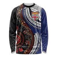 Fiji and Australia Together Long Sleeve Shirt Kangaroo Aboriginal with Tribal Tapa Hibiscus Half Style - Polynesian Pride