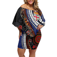 Fiji and Australia Together Off Shoulder Short Dress Kangaroo Aboriginal with Tribal Tapa Hibiscus Half Style - Polynesian Pride