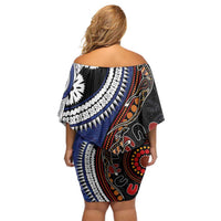 Fiji and Australia Together Off Shoulder Short Dress Kangaroo Aboriginal with Tribal Tapa Hibiscus Half Style - Polynesian Pride