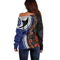 Fiji and Australia Together Off Shoulder Sweater Kangaroo Aboriginal with Tribal Tapa Hibiscus Half Style - Polynesian Pride