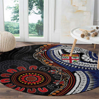 Fiji and Australia Together Round Carpet Kangaroo Aboriginal with Tribal Tapa Hibiscus Half Style - Polynesian Pride