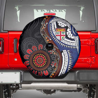Fiji and Australia Together Spare Tire Cover Kangaroo Aboriginal with Tribal Tapa Hibiscus Half Style - Polynesian Pride