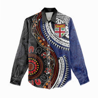 Fiji and Australia Together Women Casual Shirt Kangaroo Aboriginal with Tribal Tapa Hibiscus Half Style - Polynesian Pride