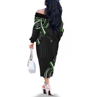 Traditional Art Hawaiian Kakau Tattoos Family Matching Off The Shoulder Long Sleeve Dress and Hawaiian Shirt Green Color - Polynesian Pride
