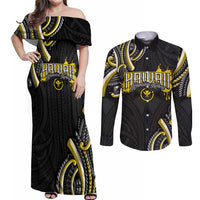Traditional Art Hawaiian Kakau Tattoos Couples Matching Off Shoulder Maxi Dress and Long Sleeve Button Shirt Yellow Color LT03 Yellow - Polynesian Pride