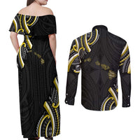 Traditional Art Hawaiian Kakau Tattoos Couples Matching Off Shoulder Maxi Dress and Long Sleeve Button Shirt Yellow Color LT03 - Polynesian Pride