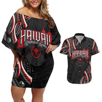 Traditional Art Hawaiian Kakau Tattoos Couples Matching Off Shoulder Short Dress and Hawaiian Shirt Red Color - Polynesian Pride