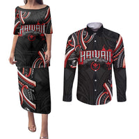 Traditional Art Hawaiian Kakau Tattoos Couples Matching Puletasi and Long Sleeve Button Shirt Red Color LT03 Red - Polynesian Pride