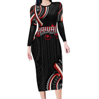Traditional Art Hawaiian Kakau Tattoos Family Matching Long Sleeve Bodycon Dress and Hawaiian Shirt Red Color - Polynesian Pride