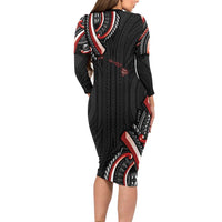 Traditional Art Hawaiian Kakau Tattoos Family Matching Long Sleeve Bodycon Dress and Hawaiian Shirt Red Color - Polynesian Pride