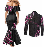 Traditional Art Hawaiian Kakau Tattoos Couples Matching Mermaid Dress and Long Sleeve Button Shirt Pink Color - Polynesian Pride