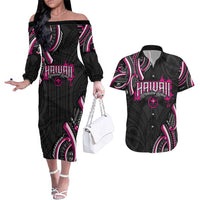 Traditional Art Hawaiian Kakau Tattoos Couples Matching Off The Shoulder Long Sleeve Dress and Hawaiian Shirt Pink Color - Polynesian Pride