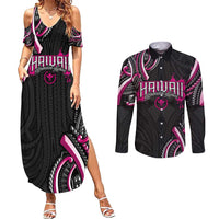 Traditional Art Hawaiian Kakau Tattoos Couples Matching Summer Maxi Dress and Long Sleeve Button Shirt Pink Color LT03 Pink - Polynesian Pride