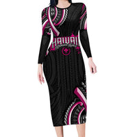 Traditional Art Hawaiian Kakau Tattoos Family Matching Long Sleeve Bodycon Dress and Hawaiian Shirt Pink Color - Polynesian Pride