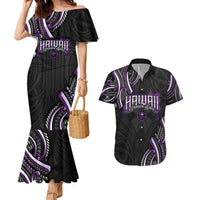Traditional Art Hawaiian Kakau Tattoos Couples Matching Mermaid Dress and Hawaiian Shirt Purple Color - Polynesian Pride