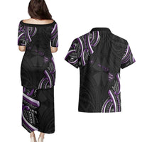 Traditional Art Hawaiian Kakau Tattoos Couples Matching Puletasi and Hawaiian Shirt Purple Color - Polynesian Pride