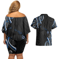 Traditional Art Hawaiian Kakau Tattoos Couples Matching Off Shoulder Short Dress and Hawaiian Shirt Blue Color - Polynesian Pride