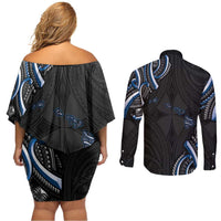 Traditional Art Hawaiian Kakau Tattoos Couples Matching Off Shoulder Short Dress and Long Sleeve Button Shirt Blue Color LT03 - Polynesian Pride