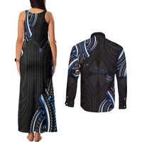 Traditional Art Hawaiian Kakau Tattoos Couples Matching Tank Maxi Dress and Long Sleeve Button Shirt Blue Color LT03 - Polynesian Pride